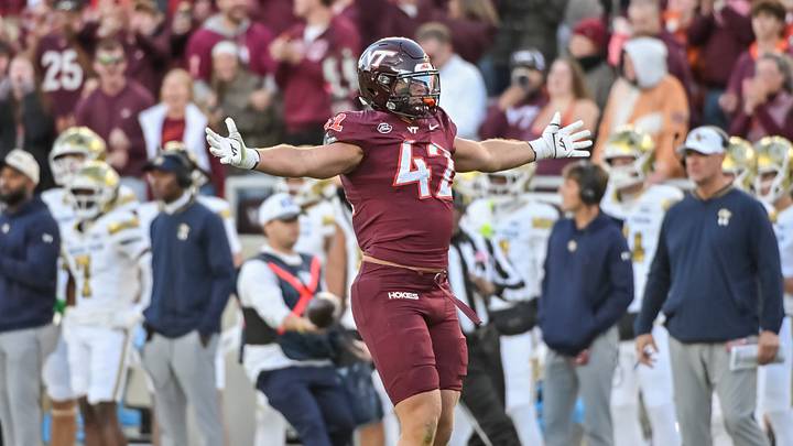 Oct 17, 2026; Blacksburg, Virginia, USA; Virginia Tech Hokies defensive lineman Aycen Stevens (42) celebrates a sack against the Georgia Tech Yellow Jackets during the fourth quarter at Lane Stadium. Mandatory Credit: Brian Bishop-Imagn Images Oct 17, 2026; Blacksburg, Virginia, USA; Virginia Tech Hokies defensive lineman Aycen Stevens (42) celebrates a sack against the Georgia Tech Yellow Jackets during the fourth quarter at Lane Stadium. Mandatory Credit: Brian Bishop-Imagn Images