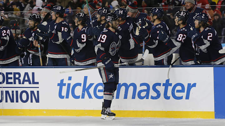 Mar 1, 2025; Columbus, Ohio, USA; Columbus Blue Jackets center Adam Fantilli (19) celebrates his goal against the Detroit Red Wings during the third period at Ohio Stadium. Mandatory Credit: Russell LaBounty-Imagn Images