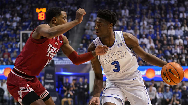 Mar 7, 2026; Provo, Utah, USA; BYU Cougars forward AJ Dybantsa (3) controls the ball during the first half against the Texas Tech Red Raiders at Marriott Center. Mandatory Credit: Aaron Baker-Imagn Images 