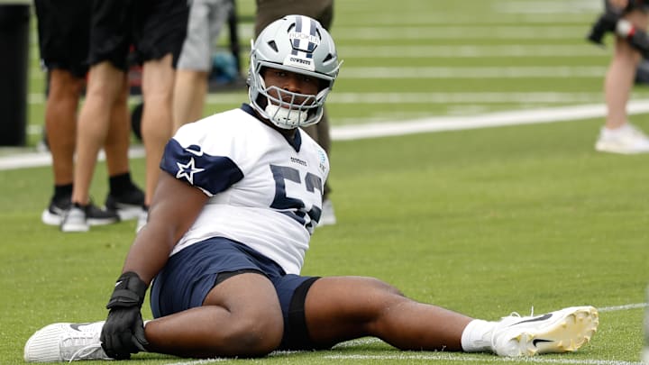 Dallas Cowboys guard Tyler Booker goes through a drill during practice at the Ford Center at the Star Training Facility in Frisco, Texas.