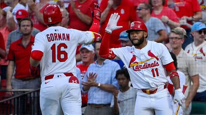 Jun 24, 2025; St. Louis, Missouri, USA; St. Louis Cardinals designated hitter Nolan Gorman (16) is congratulated by center fielder Victor Scott II (11) after hitting a solo home run against the Chicago Cubs during the fourth inning at Busch Stadium. Mandatory Credit: Jeff Curry-Imagn Images Jun 24, 2025; St. Louis, Missouri, USA; St. Louis Cardinals designated hitter Nolan Gorman (16) is congratulated by center fielder Victor Scott II (11) after hitting a solo home run against the Chicago Cubs during the fourth inning at Busch Stadium. Mandatory Credit: Jeff Curry-Imagn Images