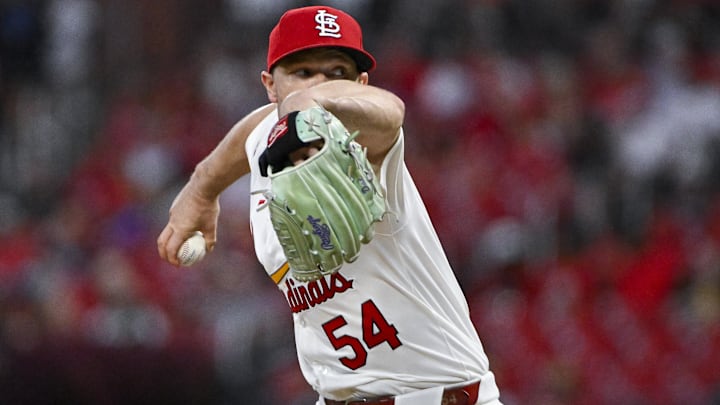 Sep 18, 2024; St. Louis, Missouri, USA;  St. Louis Cardinals starting pitcher Sonny Gray (54) pitches against the Pittsburgh Pirates during the second inning at Busch Stadium. Mandatory Credit: Jeff Curry-Imagn Images