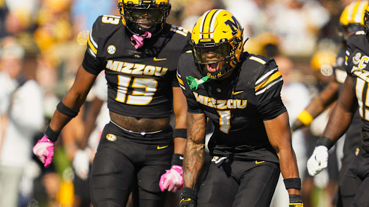 Oct 19, 2024; Columbia, Missouri, USA; Missouri Tigers safety Marvin Burks Jr. (1) celebrates after a play during the second half against the Auburn Tigers at Faurot Field at Memorial Stadium. Mandatory Credit: Jay Biggerstaff-Imagn Images Oct 19, 2024; Columbia, Missouri, USA; Missouri Tigers safety Marvin Burks Jr. (1) celebrates after a play during the second half against the Auburn Tigers at Faurot Field at Memorial Stadium. Mandatory Credit: Jay Biggerstaff-Imagn Images
