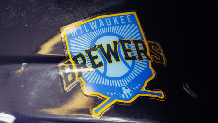 Jun 18, 2023; Milwaukee, Wisconsin, USA; A Milwaukee Brewers logo on a batting helmet in the dugout prior to the game against the Pittsburgh Pirates at American Family Field. Mandatory Credit: Jeff Hanisch-Imagn Images Jun 18, 2023; Milwaukee, Wisconsin, USA; A Milwaukee Brewers logo on a batting helmet in the dugout prior to the game against the Pittsburgh Pirates at American Family Field. Mandatory Credit: Jeff Hanisch-Imagn Images