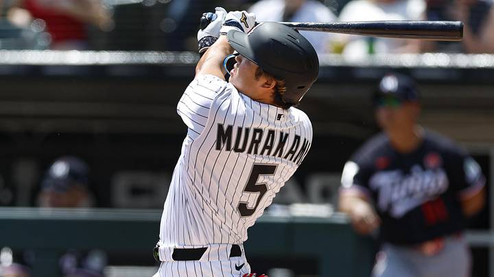May 25, 2026; Chicago, Illinois, USA; Chicago White Sox first baseman Munetaka Murakami (5) hits a solo home run 