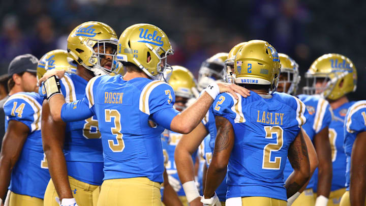 Dec 26, 2017; Phoenix, AZ, USA; UCLA Bruins quarterback Josh Rosen (3) huddles with teammates prior to the game against the Kansas State Wildcats in the 2017 Cactus Bowl at Chase Field. Mandatory Credit: Mark J. Rebilas-Imagn Images
