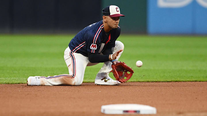 Aug 2, 2024; Cleveland, Ohio, USA; Cleveland Guardians second baseman Andres Gimenez (0) fields a ball hit by Baltimore Orioles first baseman Ryan Mountcastle (not pictured) during the fourth inning at Progressive Field. Mandatory Credit: Ken Blaze-Imagn Images