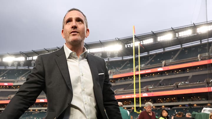 Sep 4, 2025; Philadelphia, Pennsylvania, USA; Philadelphia Eagles general manager Howie Roseman looks on before the game between the Philadelphia Eagles and the Dallas Cowboys at Lincoln Financial Field. Mandatory Credit: Bill Streicher-Imagn Images Sep 4, 2025; Philadelphia, Pennsylvania, USA; Philadelphia Eagles general manager Howie Roseman looks on before the game between the Philadelphia Eagles and the Dallas Cowboys at Lincoln Financial Field. Mandatory Credit: Bill Streicher-Imagn Images