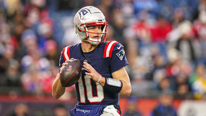 Dec 28, 2024; Foxborough, Massachusetts, USA; New England Patriots quarterback Drake Maye (10) looks to pass the ball against the Los Angeles Chargers in the second half at Gillette Stadium.