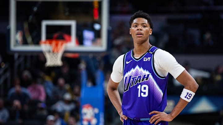 Feb 3, 2026; Indianapolis, Indiana, USA; Utah Jazz forward Ace Bailey (19) in the first half against the Indiana Pacers at Gainbridge Fieldhouse. Mandatory Credit: Trevor Ruszkowski-Imagn Images