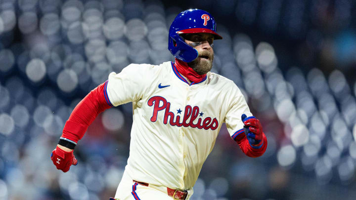 Apr 3, 2024; Philadelphia, Pennsylvania, USA; Philadelphia Phillies first baseman Bryce Harper (3)