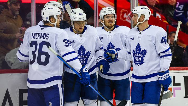 Oct 26, 2026; Calgary, Alberta, CAN; Toronto Maple Leafs right wing William Nylander (88) celebrates his goal with teammates against the Calgary Flames during the third period at Scotiabank Saddledome. Mandatory Credit: Sergei Belski-Imagn Images Oct 26, 2026; Calgary, Alberta, CAN; Toronto Maple Leafs right wing William Nylander (88) celebrates his goal with teammates against the Calgary Flames during the third period at Scotiabank Saddledome. Mandatory Credit: Sergei Belski-Imagn Images