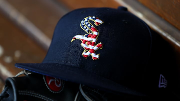 Jul 3, 2018; Cincinnati, OH, USA; A view of the American flag in the Sox logo on an official White Sox New Era on field hat during the game of the Chicago White Sox against the Cincinnati Reds at Great American Ball Park. Mandatory Credit: Aaron Doster-USA TODAY Sports