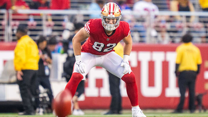September 21, 2023; Santa Clara, California, USA; San Francisco 49ers tight end Ross Dwelley (82) during the second quarter against the New York Giants at Levi's Stadium.