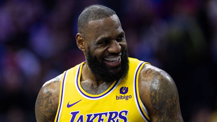 Nov 27, 2023; Philadelphia, Pennsylvania, USA; Los Angeles Lakers forward LeBron James (23) smiles after a Philadelphia 76ers foul during the first quarter at Wells Fargo Center. Mandatory Credit: Bill Streicher-USA TODAY Sports