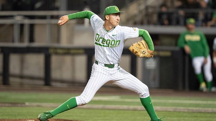 Oregon pitcher Tanner Bradley throws a pitch as the Oregon Ducks host the USC Trojans on May 14, 2026, in Eugene, Oregon.