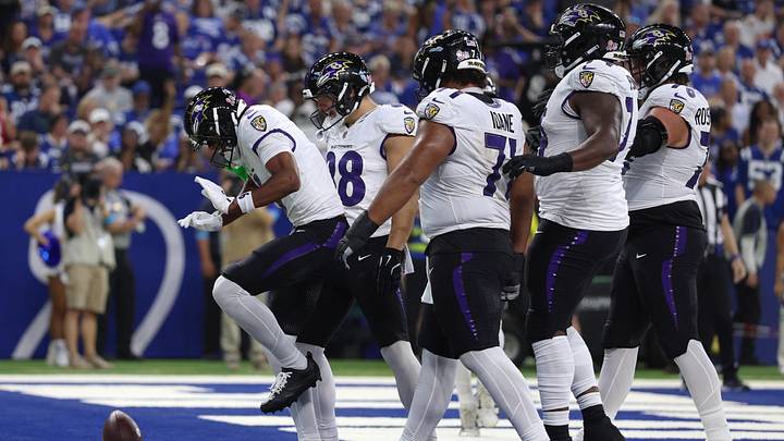 Sep 13, 2026; Indianapolis, Indiana, USA; Baltimore Ravens wide receiver Ja'Kobi Lane (6) celebrates with his teammates after he scores a touchdown against the Indianapolis Colts at Lucas Oil Stadium. Mandatory Credit: Trevor Ruszkowski-Imagn Images Sep 13, 2026; Indianapolis, Indiana, USA; Baltimore Ravens wide receiver Ja'Kobi Lane (6) celebrates with his teammates after he scores a touchdown against the Indianapolis Colts at Lucas Oil Stadium. Mandatory Credit: Trevor Ruszkowski-Imagn Images
