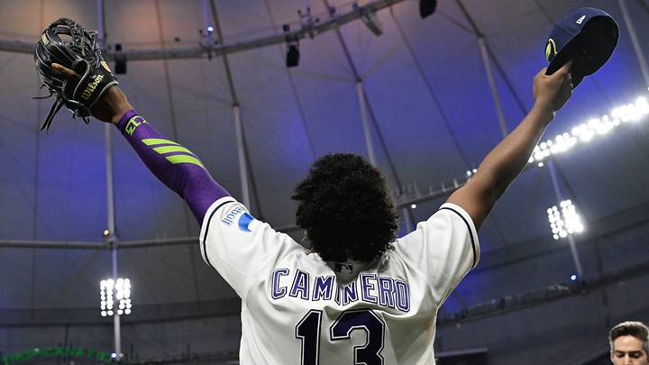 Oct 19, 2026; St. Petersburg, Florida, USA; Tampa Bay Rays third baseman Junior Caminero (13) celebrates defeating the Cleveland Guardians in game six of the ALCS for the 2026 MLB Playoffs at Tropicana Field. Mandatory Credit: Jonathan Dyer-Imagn Images Oct 19, 2026; St. Petersburg, Florida, USA; Tampa Bay Rays third baseman Junior Caminero (13) celebrates defeating the Cleveland Guardians in game six of the ALCS for the 2026 MLB Playoffs at Tropicana Field. Mandatory Credit: Jonathan Dyer-Imagn Images