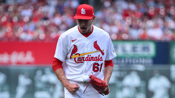 Mar 26, 2026; St. Louis, Missouri, USA; St. Louis Cardinals pitcher Riley O'Brien (61) reacts as he walks off the field after striking out Tampa Bay Rays third baseman Junior Caminero (not pictured) during the seventh inning at Busch Stadium. Mandatory Credit: Jeff Curry-Imagn Images