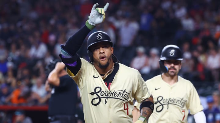Jun 25, 2024; Phoenix, Arizona, USA; Arizona Diamondbacks infielder Ketel Marte celebrates after hitting a two run home run in the first inning against the Minnesota Twins at Chase Field. Mandatory Credit: Mark J. Rebilas-USA TODAY Sports