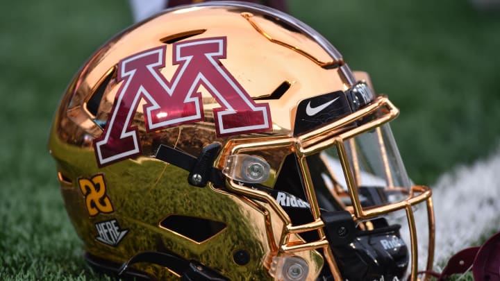 Nov 13, 2021; Iowa City, Iowa, USA; Minnesota Golden Gophers helmet on the field before the game against the Iowa Hawkeyes at Kinnick Stadium. Mandatory Credit: Jeffrey Becker-USA TODAY Sports Nov 13, 2021; Iowa City, Iowa, USA; Minnesota Golden Gophers helmet on the field before the game against the Iowa Hawkeyes at Kinnick Stadium. Mandatory Credit: Jeffrey Becker-USA TODAY Sports