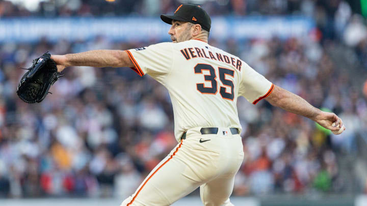 Jun 18, 2025; San Francisco, California, USA; San Francisco Giants pitcher Justin Verlander (35) throws a pitch during the fourth inning against the Cleveland Guardians at Oracle Park.