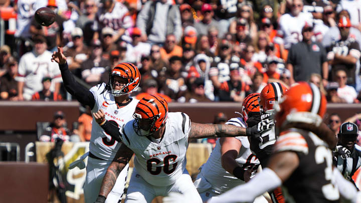 Bengals Joe Burrow (9) launches a pass during their game against the Cleveland Browns at Huntington Bank Field on Sunday September 7, 2025. The Bengals won the game with a final score of 17-16.