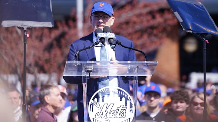 Apr 15, 2022; New York City, New York, USA; New York Mets owner Steve Cohen speaks during the Tom