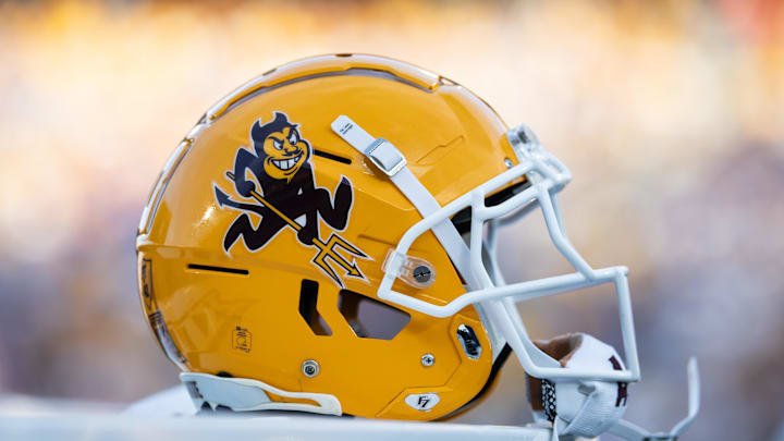 Nov 23, 2024; Tempe, Arizona, USA; Detailed view of an Arizona State Sun Devils helmet at Mountain America Stadium. Mandatory Credit: Mark J. Rebilas-Imagn Images