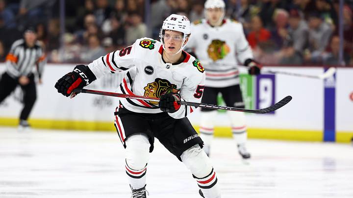 Mar 5, 2024; Tempe, Arizona, USA; Chicago Blackhawks defenseman Kevin Korchinski (55) against the Arizona Coyotes at Mullett Arena. Mandatory Credit: Mark J. Rebilas-USA TODAY Sports
