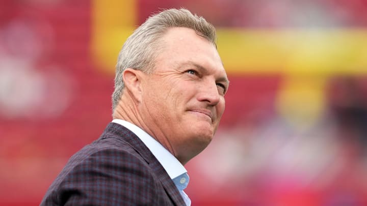 Sep 28, 2025; Santa Clara, California, USA; San Francisco 49ers general manager John Lynch before the game against the Jacksonville Jaguars at Levi's Stadium. Mandatory Credit: Darren Yamashita-Imagn Images
