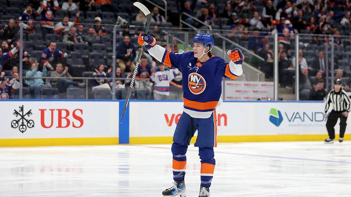 Mar 24, 2026; Elmont, New York, USA; New York Islanders defenseman Matthew Schaefer (48) celebrates a goal against the Chicago Blackhawks by left wing Anders Lee (not pictured) during the first period at UBS Arena. Mandatory Credit: Brad Penner-Imagn Images Mar 24, 2026; Elmont, New York, USA; New York Islanders defenseman Matthew Schaefer (48) celebrates a goal against the Chicago Blackhawks by left wing Anders Lee (not pictured) during the first period at UBS Arena. Mandatory Credit: Brad Penner-Imagn Images