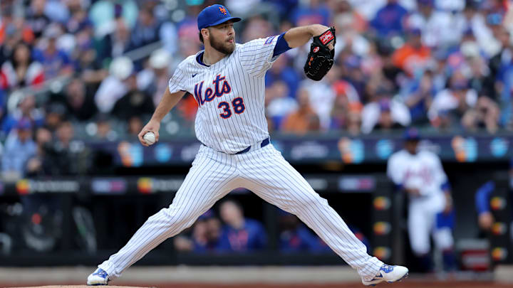 Apr 4, 2025; New York City, New York, USA; New York Mets starting pitcher Tylor Megill (38) pitches against the Toronto Blue Jays during the first inning at Citi Field. Mandatory Credit: Brad Penner-Imagn Images Apr 4, 2025; New York City, New York, USA; New York Mets starting pitcher Tylor Megill (38) pitches against the Toronto Blue Jays during the first inning at Citi Field. Mandatory Credit: Brad Penner-Imagn Images