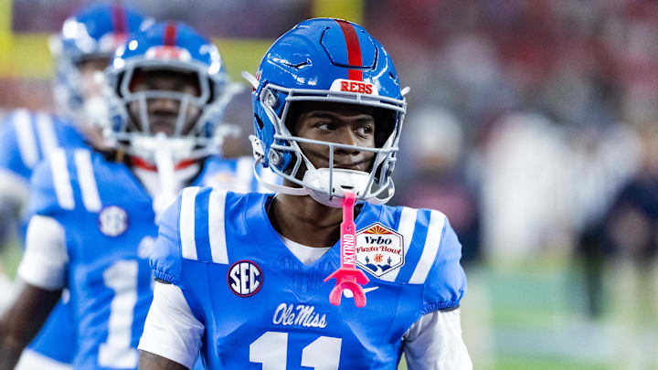 Jan 8, 2026; Glendale, AZ, USA; Mississippi Rebels wide receiver Deuce Alexander (11) against the Miami Hurricanes during the 2026 Fiesta Bowl and semifinal game of the College Football Playoff at State Farm Stadium. Mandatory Credit: Mark J. Rebilas-Imagn Images