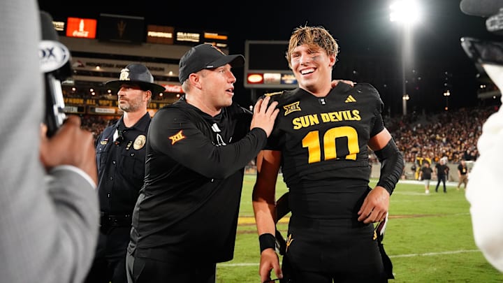 Arizona State Sun Devils quarterback Sam Leavitt (10) celebrates with head coach Kenny Dillingham after win against TCU Horned Frogs.