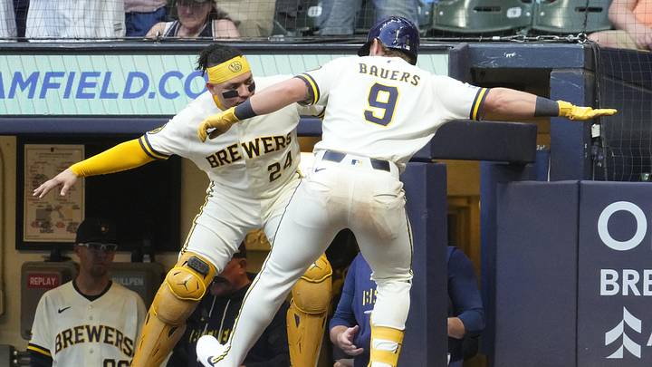 May 26, 2026; Milwaukee, Wisconsin, USA; Milwaukee Brewers first baseman Jake Bauers (9) celebrates his home run with catcher William Contreras (24) in the fourth inning against the St. Louis Cardinals at American Family Field. Mandatory Credit: Michael McLoone-Imagn Images