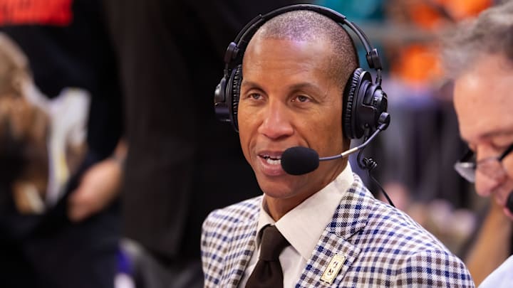 Nov 26, 2024; Phoenix, Arizona, USA; NBA on TNT television analyst Reggie Miller during the Los Angeles Lakers against the Phoenix Suns during an NBA Cup game at Footprint Center. Mandatory Credit: Mark J. Rebilas-Imagn Images