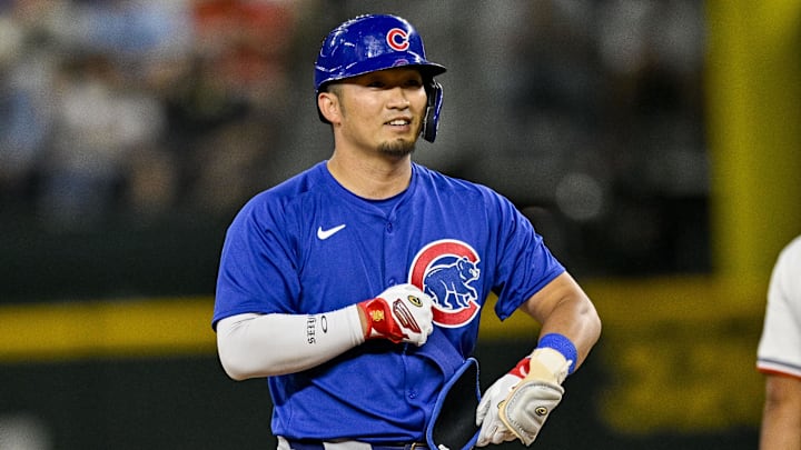 Mar 28, 2024; Arlington, Texas, USA; Chicago Cubs right fielder Seiya Suzuki (27) in action during Mar 28, 2024; Arlington, Texas, USA; Chicago Cubs right fielder Seiya Suzuki (27) in action during