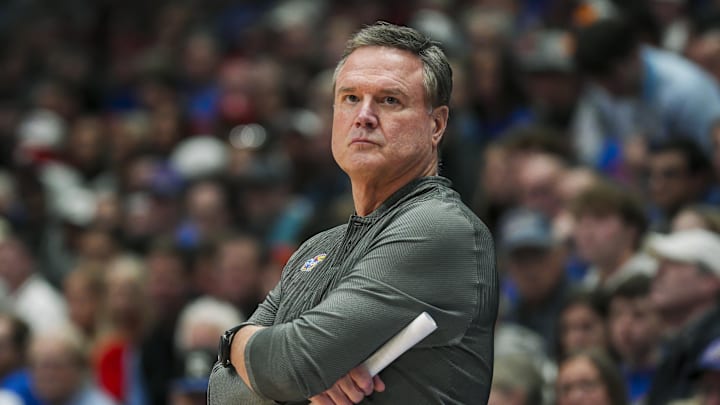 Nov 19, 2024; Lawrence, Kansas, USA; Kansas Jayhawks head coach Bill Self reacts during the second half against the North Carolina-Wilmington Seahawks at Allen Fieldhouse. Mandatory Credit: Jay Biggerstaff-Imagn Images