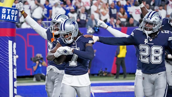 Dallas Cowboys cornerback Trevon Diggs celebrates an interception against the New York Giants at MetLife Stadium.