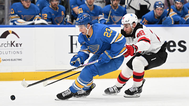 Feb 28, 2026; St. Louis, Missouri, USA; New Jersey Devils right wing Timo Meier (28) and St. Louis Blues defenseman Logan Mailloux (23) battle for the puck in the third period at Enterprise Center. Mandatory Credit: Joe Puetz-Imagn Images Feb 28, 2026; St. Louis, Missouri, USA; New Jersey Devils right wing Timo Meier (28) and St. Louis Blues defenseman Logan Mailloux (23) battle for the puck in the third period at Enterprise Center. Mandatory Credit: Joe Puetz-Imagn Images