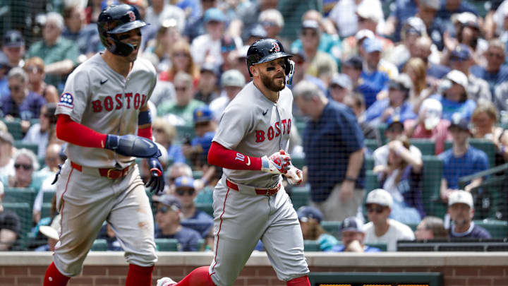 Jun 18, 2025; Seattle, Washington, USA; Boston Red Sox shortstop Trevor Story (10, right) returns to the dugout after hitting a two-run home run against the Seattle Mariners during the fourth inning at T-Mobile Park. Boston Red Sox third baseman Marcelo Mayer (39) reacts at left. Mandatory Credit: Joe Nicholson-Imagn Images Jun 18, 2025; Seattle, Washington, USA; Boston Red Sox shortstop Trevor Story (10, right) returns to the dugout after hitting a two-run home run against the Seattle Mariners during the fourth inning at T-Mobile Park. Boston Red Sox third baseman Marcelo Mayer (39) reacts at left. Mandatory Credit: Joe Nicholson-Imagn Images