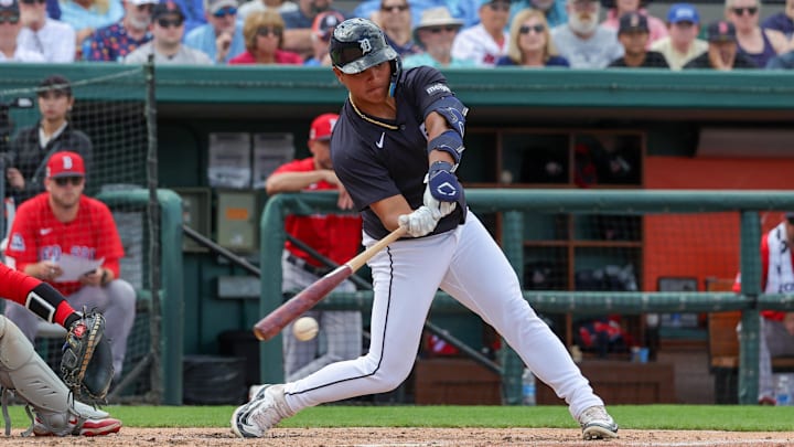 Lakeland, Florida, USA; Detroit Tigers second baseman Hao-Yu Lee (85) bats during the fourth inning against the Boston Red Sox at Publix Field at Joker Marchant Stadium. Lakeland, Florida, USA; Detroit Tigers second baseman Hao-Yu Lee (85) bats during the fourth inning against the Boston Red Sox at Publix Field at Joker Marchant Stadium.