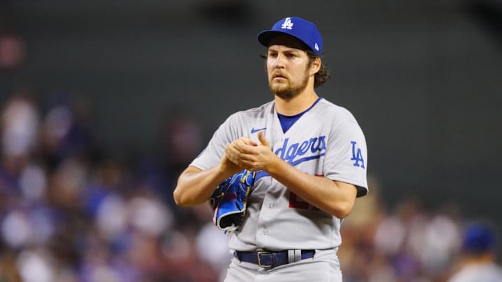Los Angeles Dodgers pitcher Trevor Bauer reacts against the Arizona Diamondbacks at Chase Field. Los Angeles Dodgers pitcher Trevor Bauer reacts against the Arizona Diamondbacks at Chase Field.
