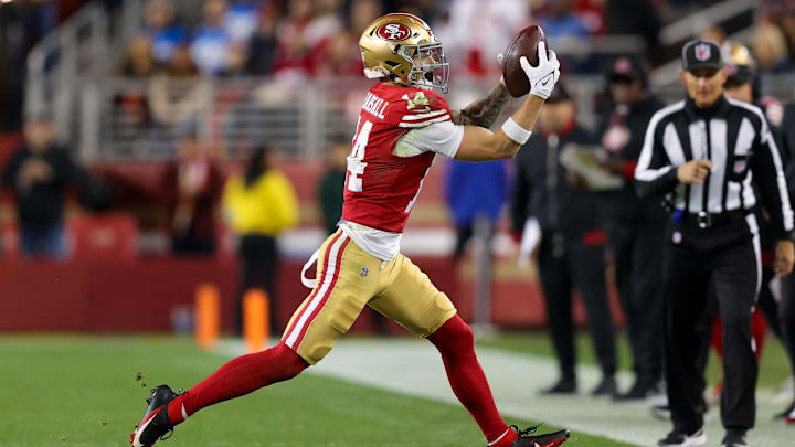Dec 30, 2024; Santa Clara, California, USA; San Francisco 49ers wide receiver Ricky Pearsall (14) during the game against the Detroit Lions at Levi's Stadium. Mandatory Credit: Sergio Estrada-Imagn Images Dec 30, 2024; Santa Clara, California, USA; San Francisco 49ers wide receiver Ricky Pearsall (14) during the game against the Detroit Lions at Levi's Stadium. Mandatory Credit: Sergio Estrada-Imagn Images
