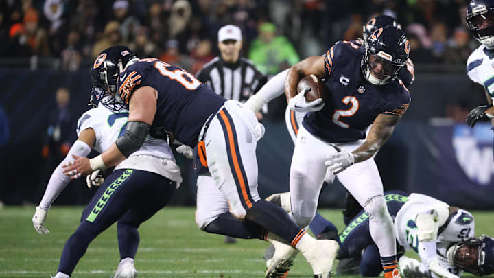 Bears receiver DJ Moore (2) runs for a gain against the Seahawks in 2024.