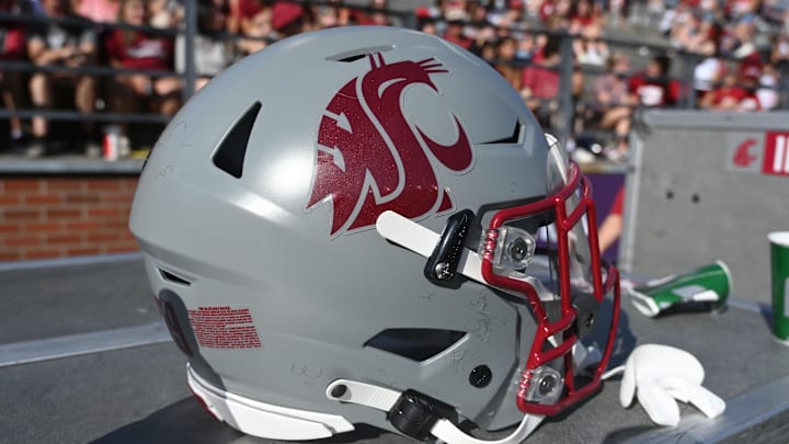 Sep 16, 2023; Pullman, Washington, USA; Washington State Cougars helmet sits during a game against the Northern Colorado Bears in the second half at Gesa Field at Martin Stadium. Mandatory Credit: James Snook-Imagn Images Sep 16, 2023; Pullman, Washington, USA; Washington State Cougars helmet sits during a game against the Northern Colorado Bears in the second half at Gesa Field at Martin Stadium. Mandatory Credit: James Snook-Imagn Images