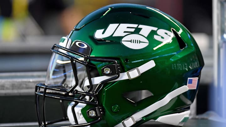 Aug 12, 2022; Philadelphia, Pennsylvania, USA; New York Jets helmet on the sidelines against the Philadelphia Eagles at Lincoln Financial Field. Mandatory Credit: Eric Hartline-Imagn Images