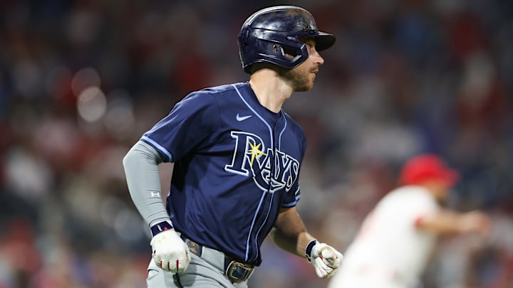 Tampa Bay Rays second base Brandon Lowe (8) runs the bases after hitting a home run during the ninth inning against the Philadelphia Phillies at Citizens Bank Park. Tampa Bay Rays second base Brandon Lowe (8) runs the bases after hitting a home run during the ninth inning against the Philadelphia Phillies at Citizens Bank Park.