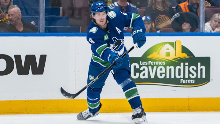Apr 12, 2025; Vancouver, British Columbia, CAN; Vancouver Canucks forward Brock Boeser (6) makes a pass against the Minnesota Wild in the second period at Rogers Arena. Mandatory Credit: Bob Frid-Imagn Images